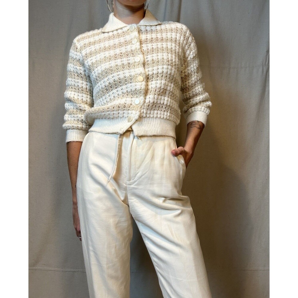 Vintage 100% Dupont Orlon Acrylic Beige, And Gold, Button-Down Collard Cardigan